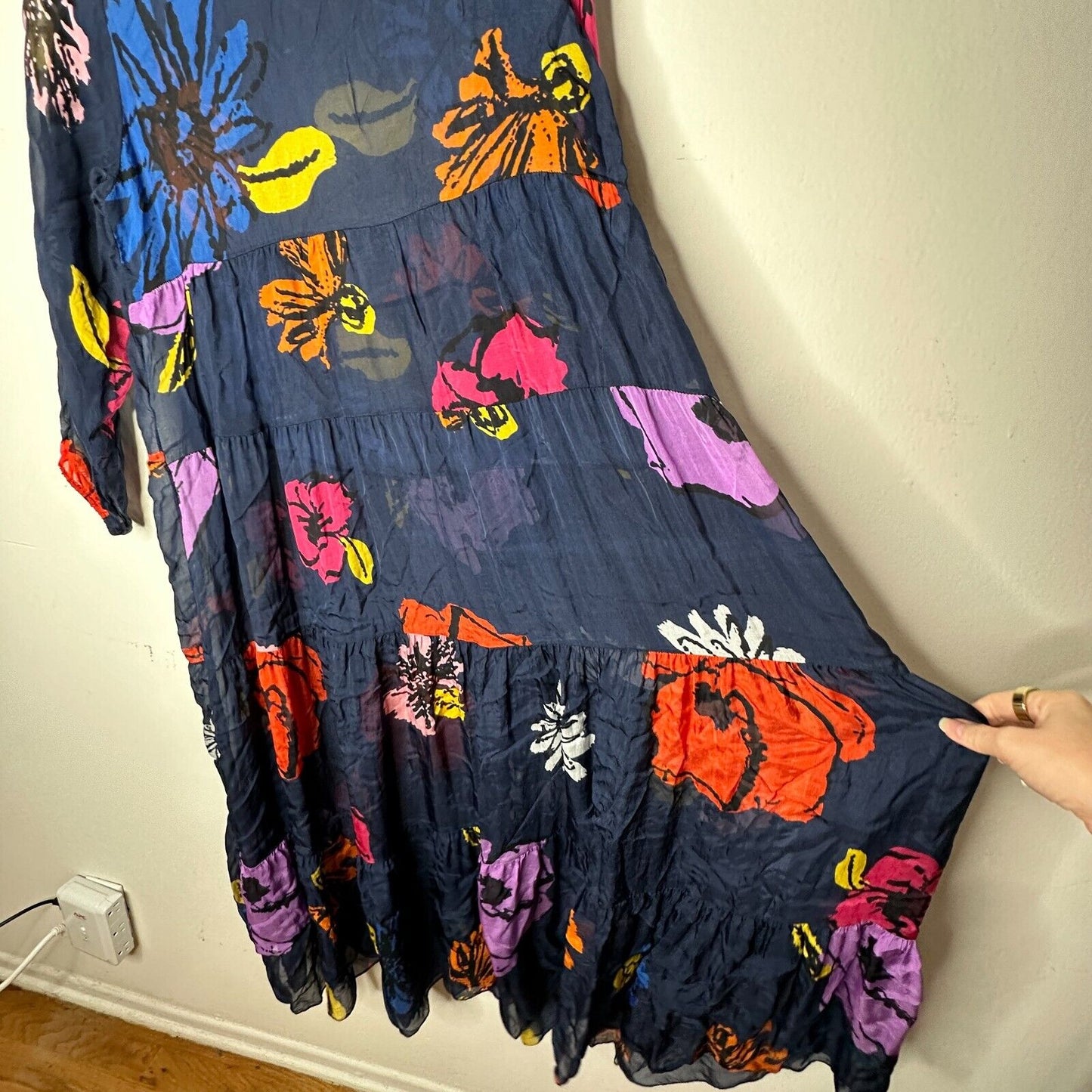 Kate by Laltramoda Sheer Navy Multi Floral Boho Midi Dress 3/4 Sleeve Large