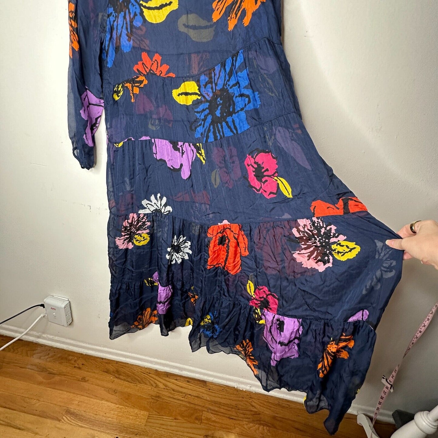 Kate by Laltramoda Sheer Navy Multi Floral Boho Midi Dress 3/4 Sleeve Large