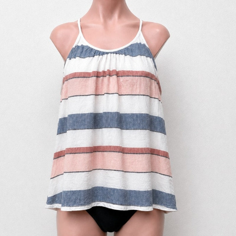 Loft Gray White Pink Stripe Linen Blend Halter Neck Sleeveless Blouse Keyhole SM