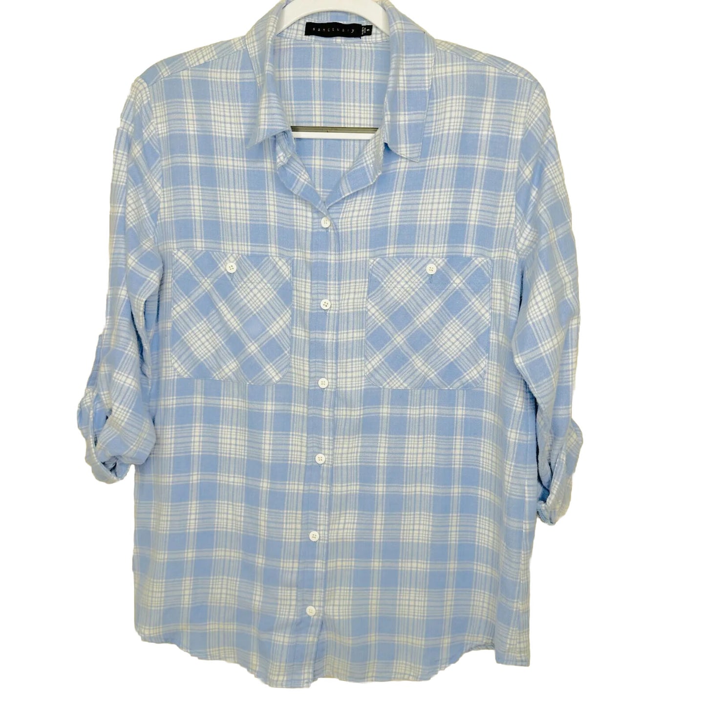 Sanctuary Blue & White Plaid Boyfriend Button Up Shirt Roll Tab Sleeves S