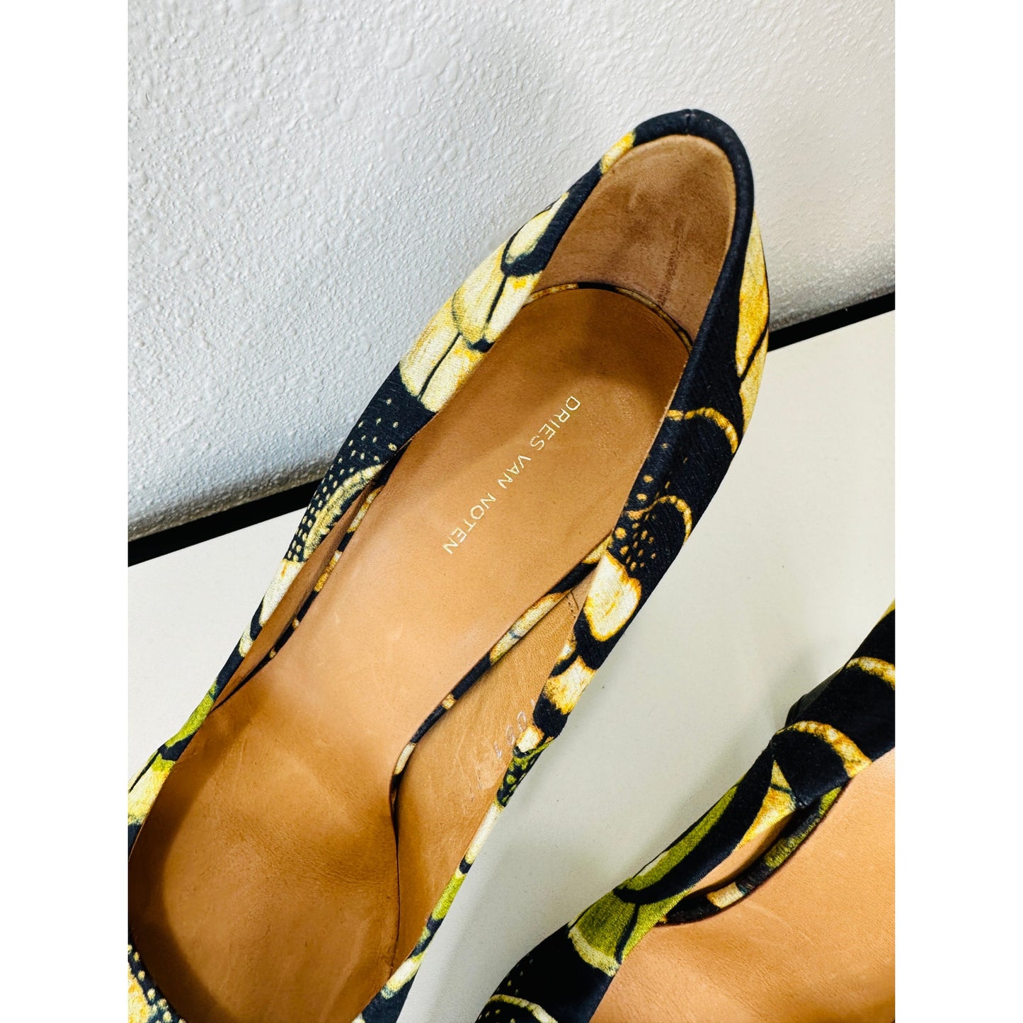 Dries Van Noten Italy Silk Leather Black Green Tan Platform 5" Heel Shoe 37.5 / 7.5