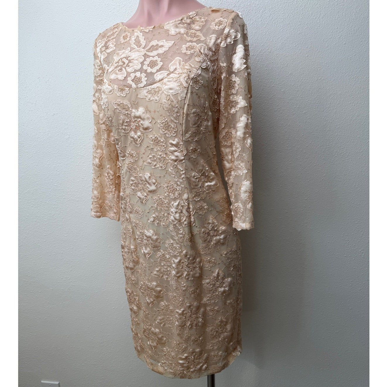 NWT Sue Wong Copper Lace Sheer Mesh Dress 3/4 Sleeve Floral Satin Size 14