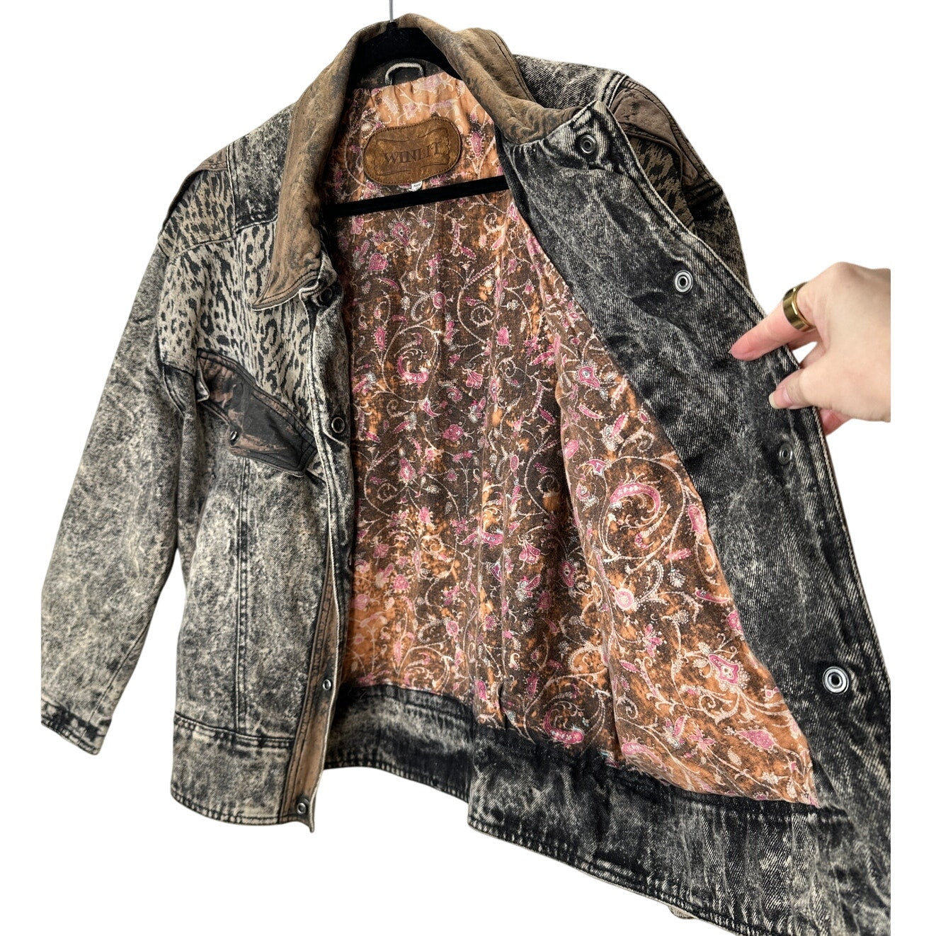 Winlit Vintage Tan Black Suede & Denim Acid Wash Animal Print Biker Jacket S