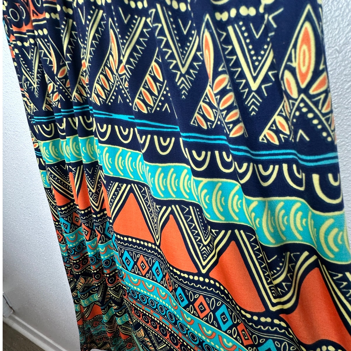 Gilli Navy Blue Teal Orange Multi Print Faux Wrap V-Neck Sleeveless Maxi Dress M
