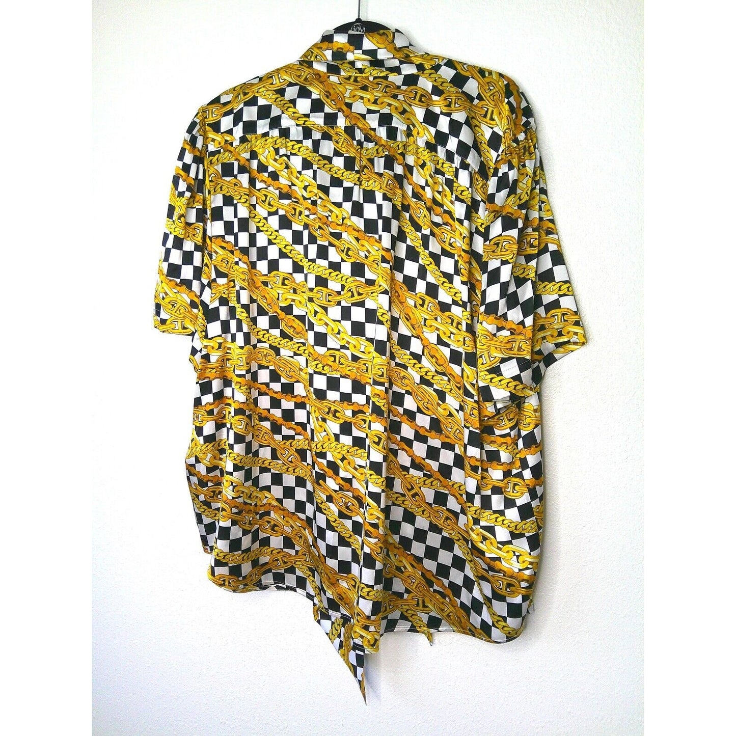 Balenciaga Black White Gold Checked Chain Print Short Sleeve Tie Neck Blouse 40