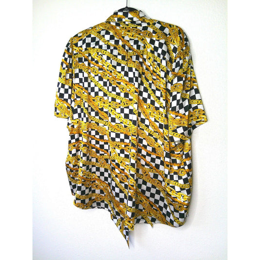 Balenciaga Black White Gold Checked Chain Print Short Sleeve Tie Neck Blouse 40
