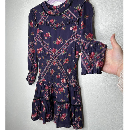 Rahi Cali Purple Multi Color Floral Print 3/4 Sleeve Ruffle Mini Dress XS