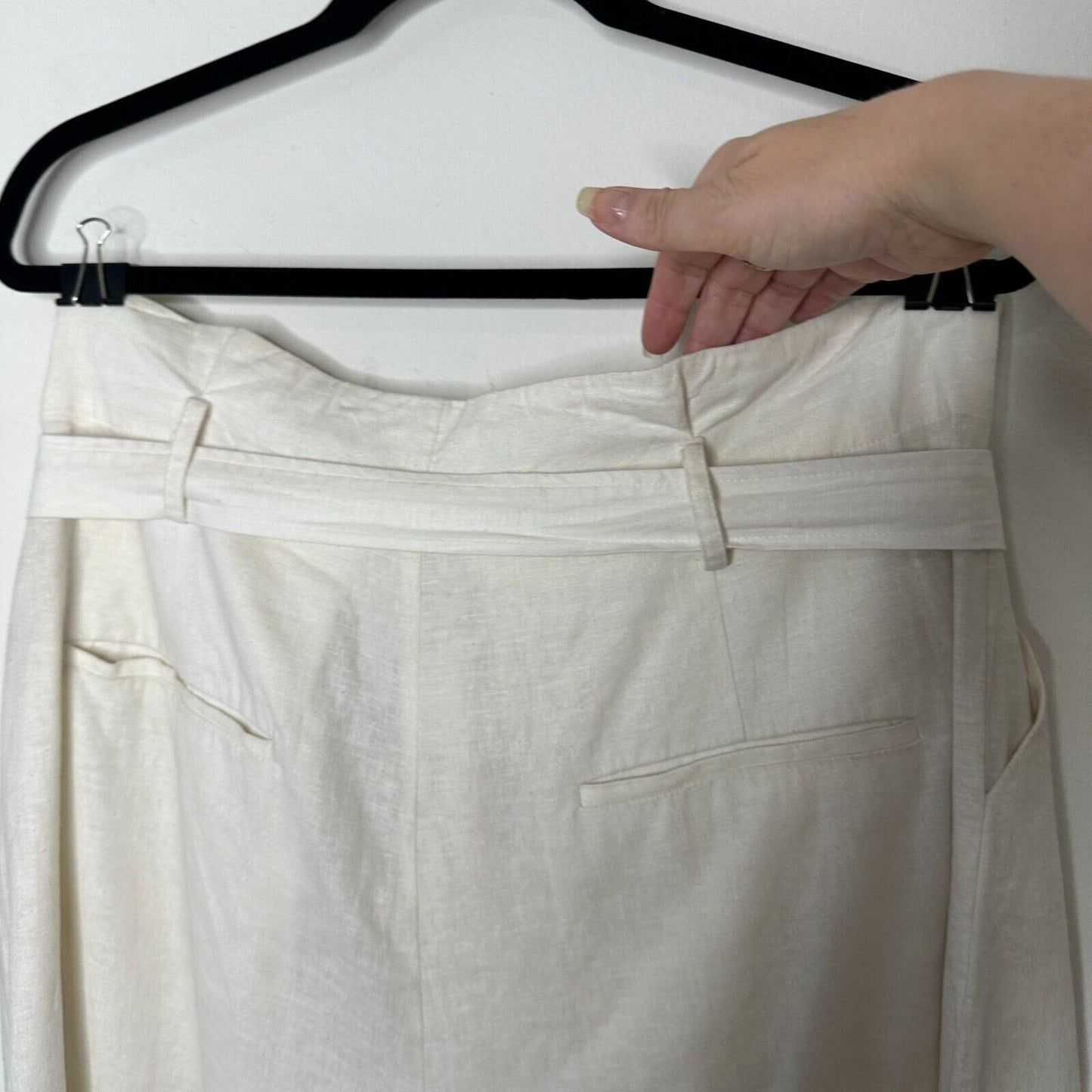LPA Off White Linen Wide Leg Paperbag High Waist Self Tie Pleated Trousers L