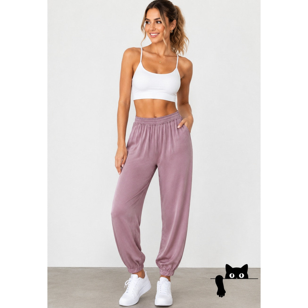 Light Purple Shimmer Satin Pocketed Elastic Waist Jogger style Pants Small