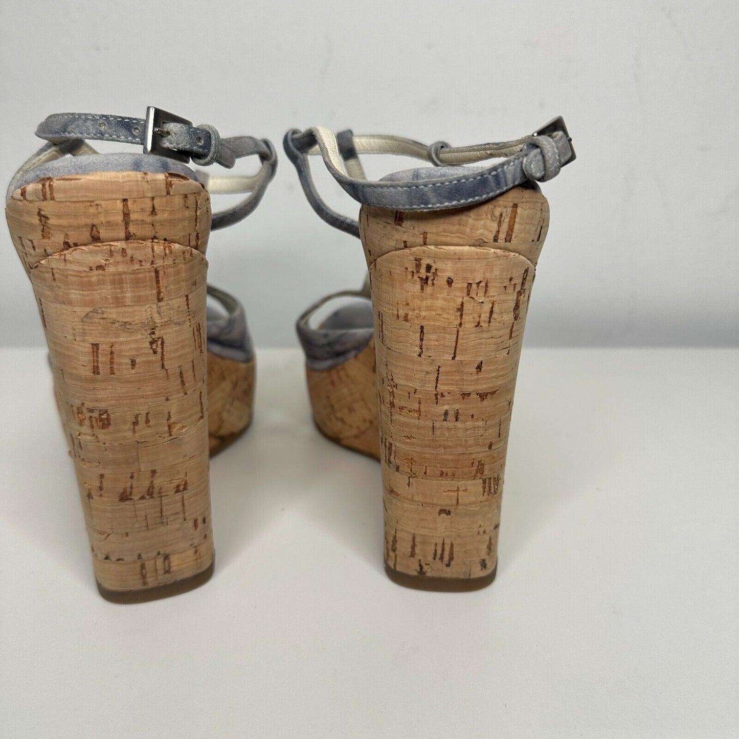 Prada Tie Dye Light Blue Suede Tan Cork Wedge Sandals Ankle Espadrilles 38