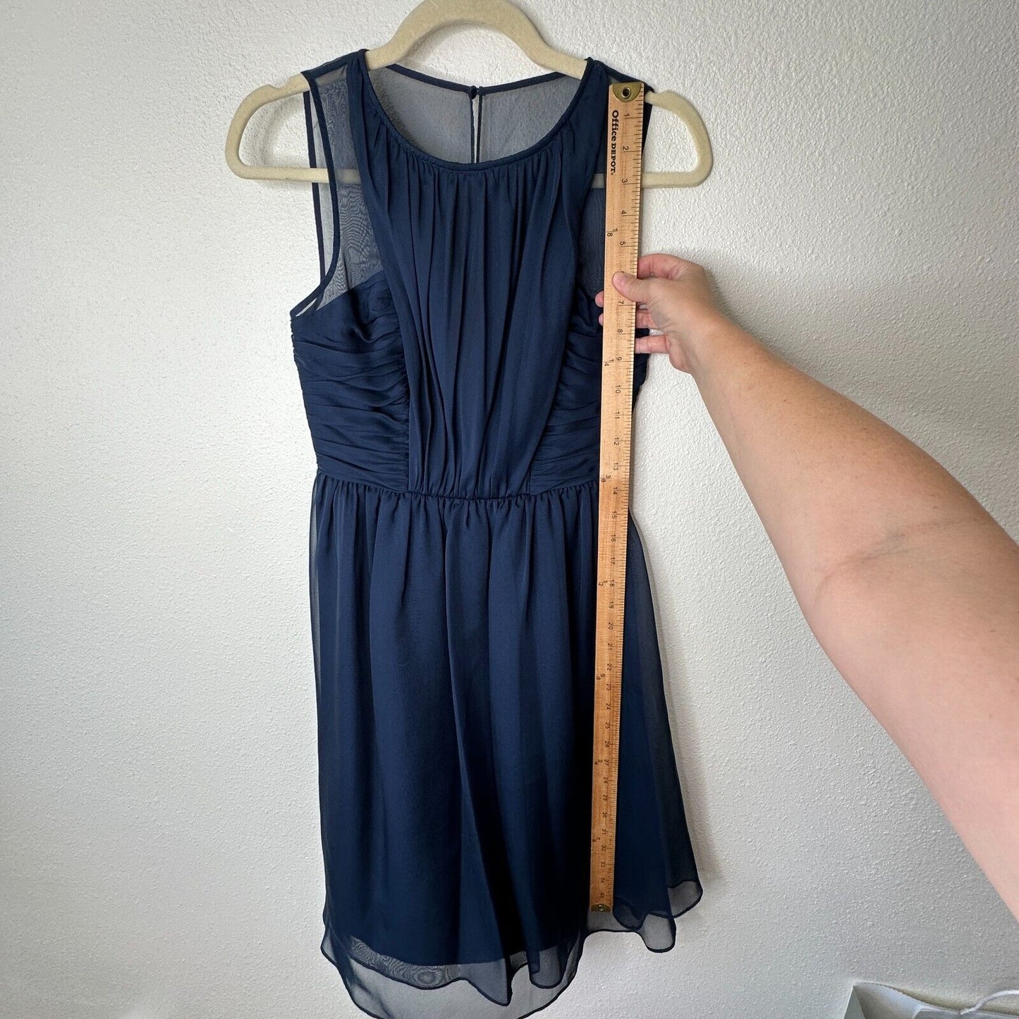 Hitherto Daylily Navy Sheer Shoulder Sleeveless Dress Ruched Side & Back Waist 0