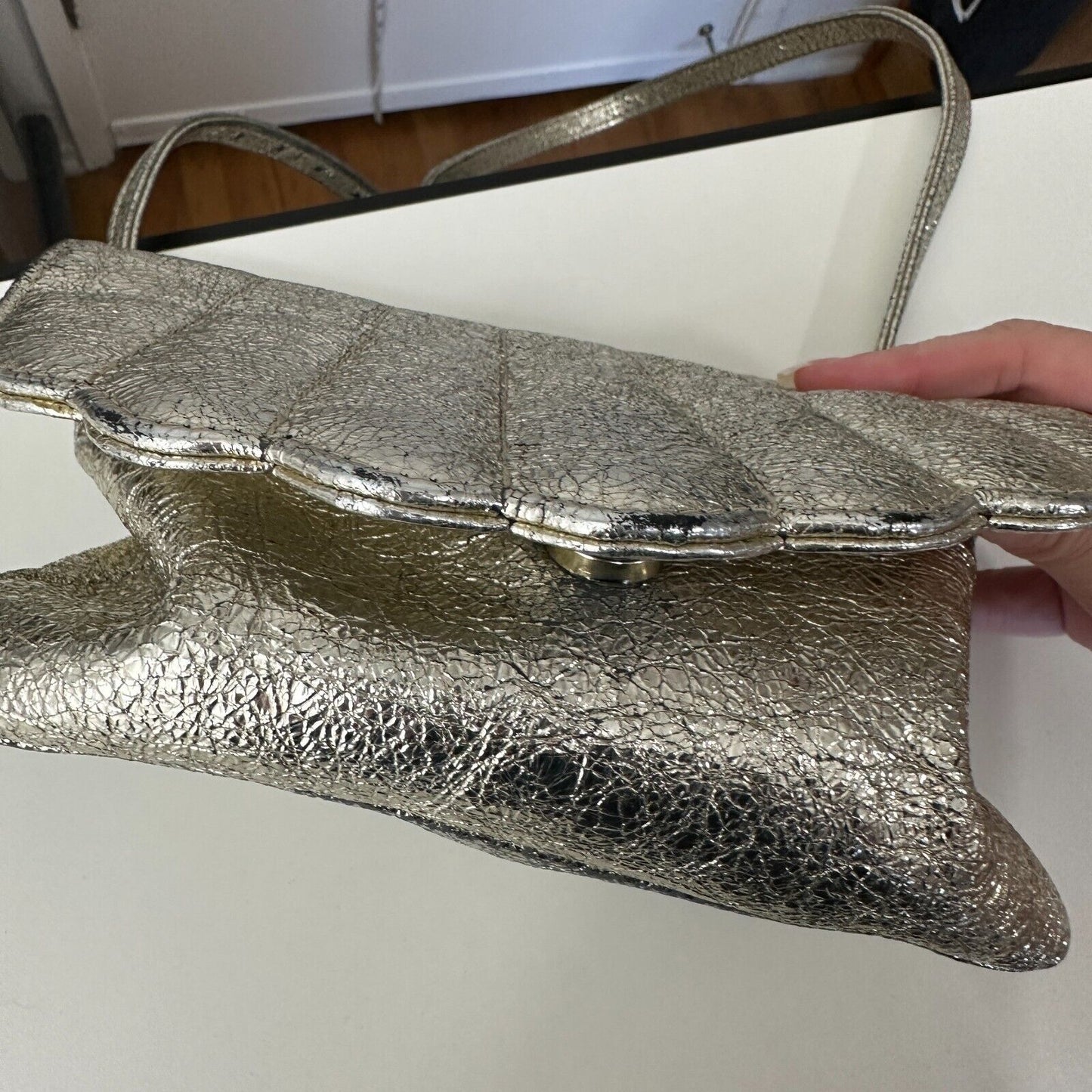 C.A.B. Gold-Silver Shimmer Clam Shell Design Fabric Shoulder Strap Snap Close