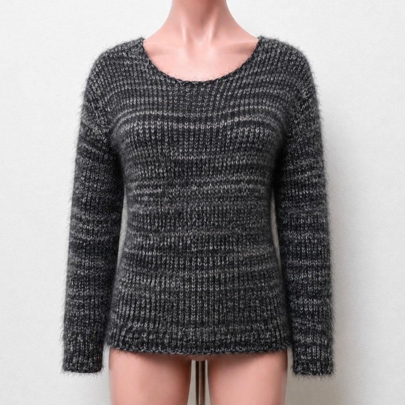 Elan Black Gray Marled Fuzzy Long Sleeve Round Neck Cable Knit Sweater Small