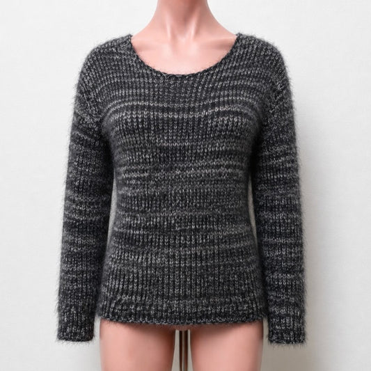 Elan Black Gray Marled Fuzzy Long Sleeve Round Neck Cable Knit Sweater Small