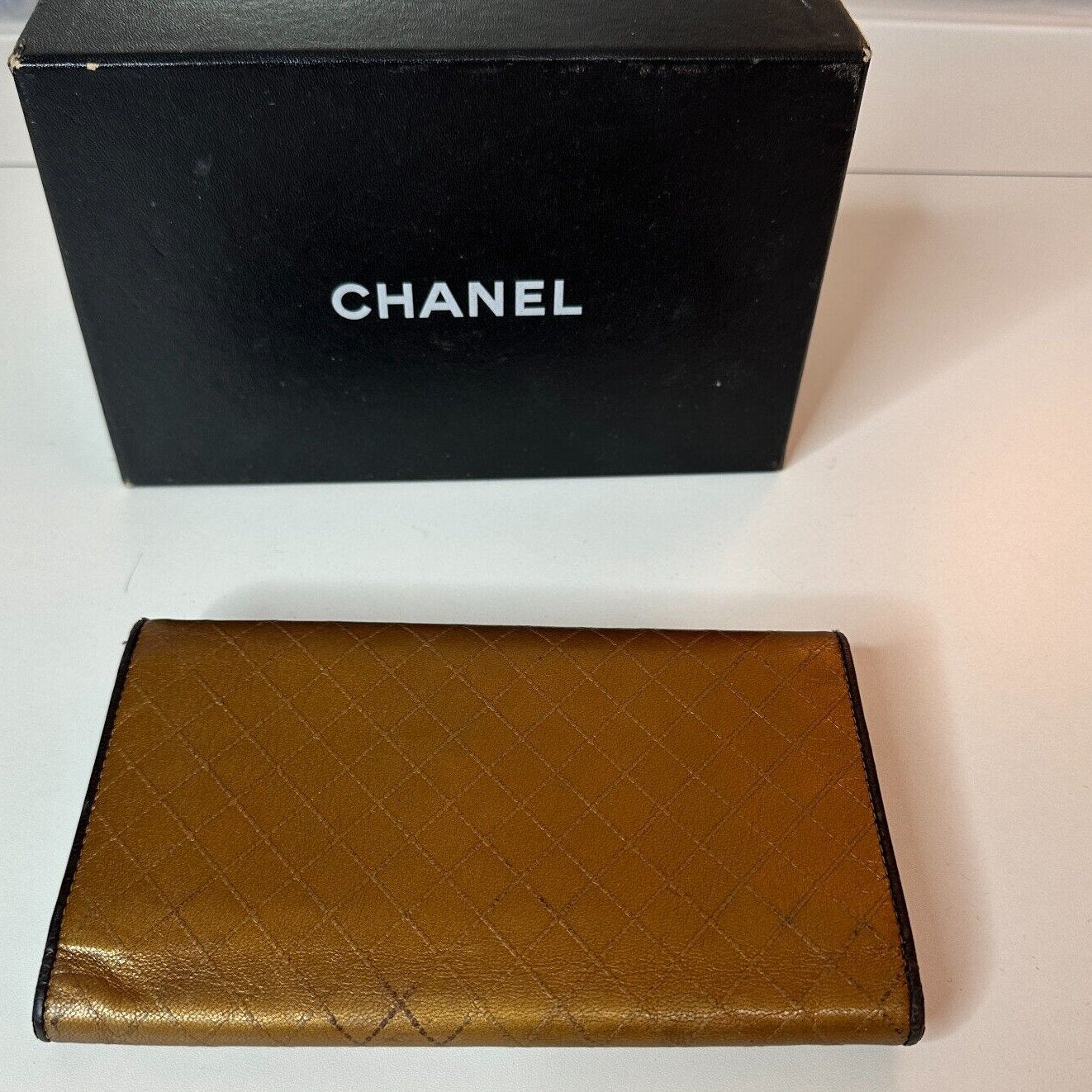 Authentic Chanel Tri-Fold Wallet Gold & Black Interior Trim Leather gold CC Logo
