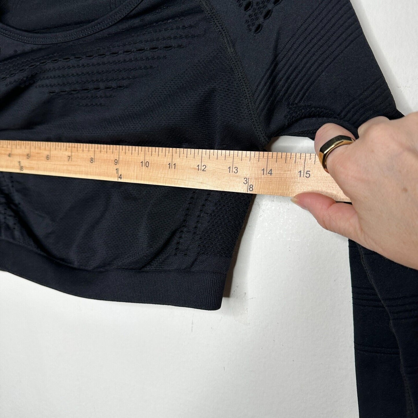 Jet Black Cropped Stretch Workout Top Long Sleeve Thumbholes Laser Cut Design SM