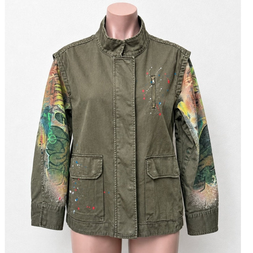 Zara Army Green Grafitti New York Jungle Oversize Zip Utility Jacket 100% Cotton