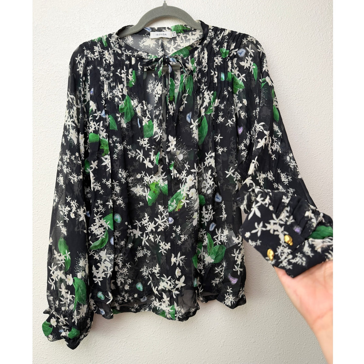 Isolda Silk Floral Tie Neck Sheer Blouse Black Green Women's US M