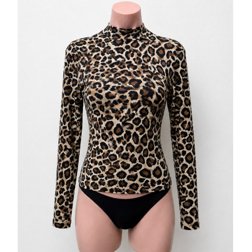 BLDWN Tan and Black Cheetah Knit Print Long Sleeve Mock Neck Fitted Knit Top S