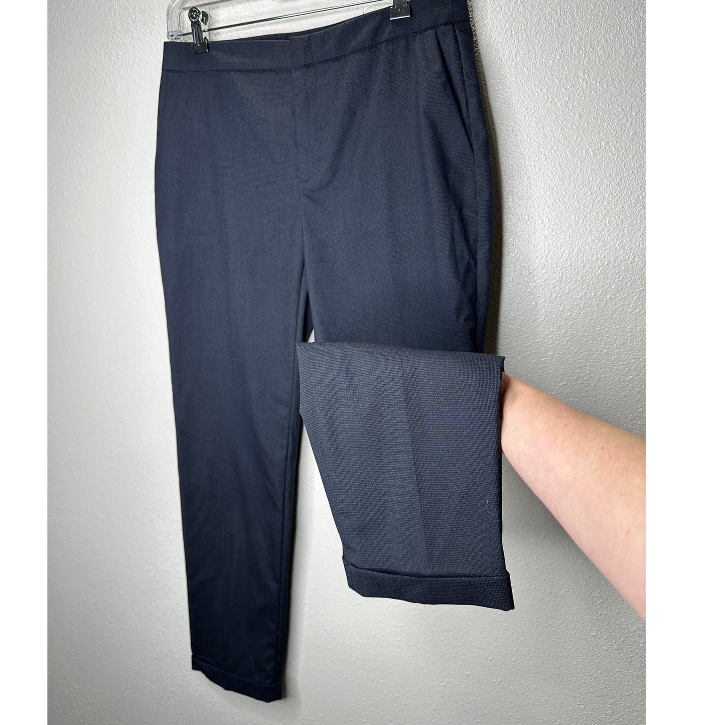 Zara Navy Blue Micro Tweed Straight Leg Cuffed Trouser Pant 6