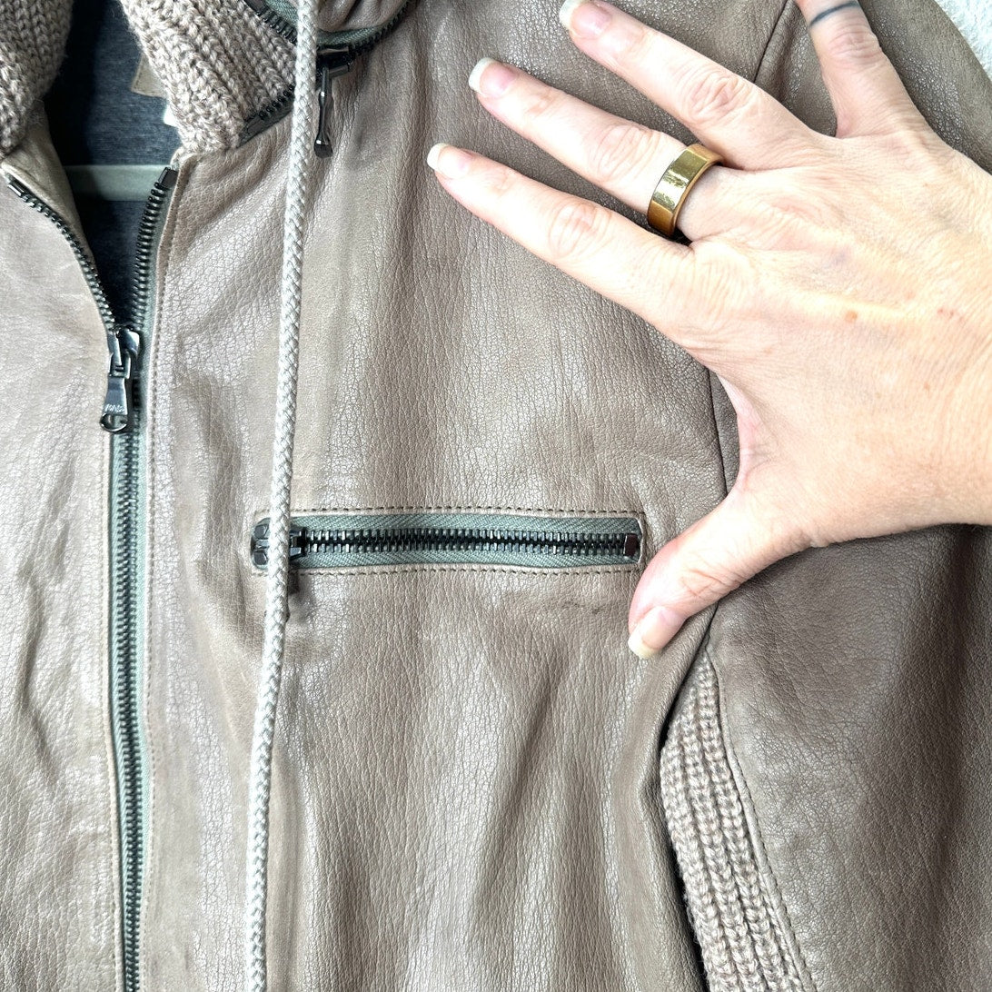 Haute Hoodie Fawn Taupe Lamb & Ribbed Knit Front Zip Hoodie Jacket S