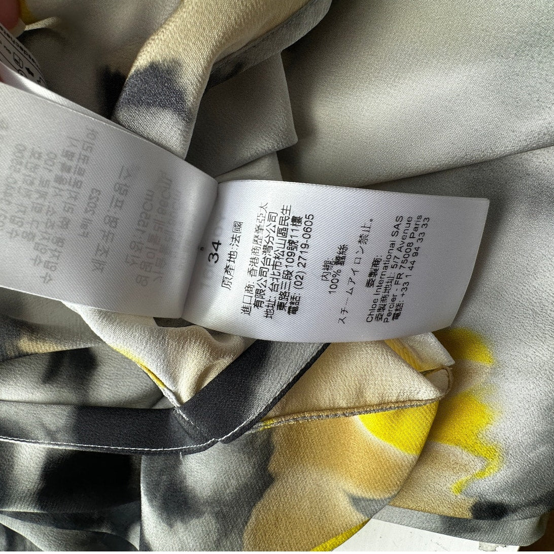 Chloe Silk Slip Maxi Dress Black Gray Yellow MultiColor Tie Dye abstract sz 2