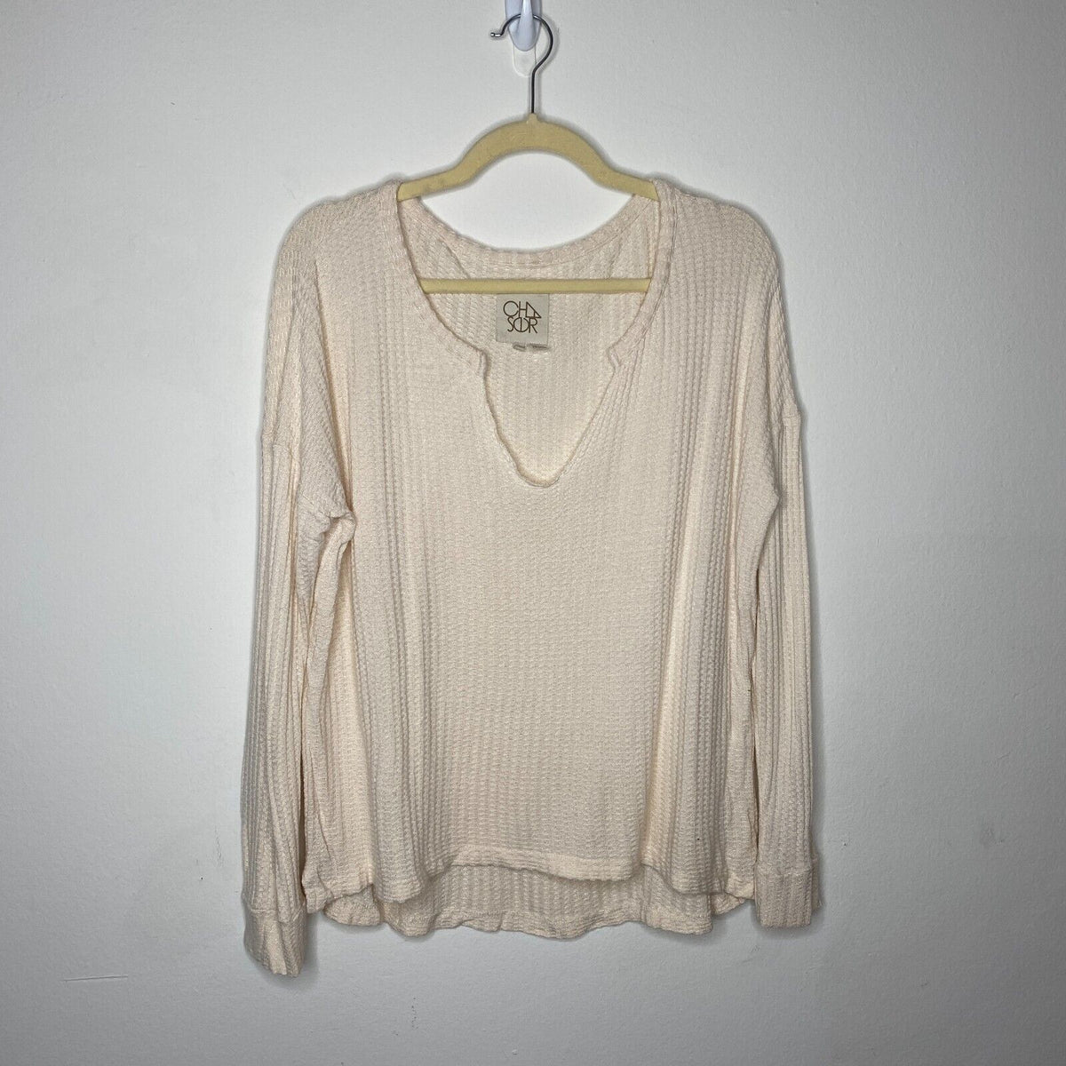 Chaser Vintage Cream Thermal Raw Split Neck Long Sleeve Soft Stretchy Top S