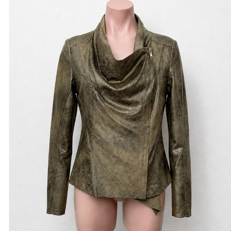 Zara Olive Green & Black Suede Long Sleeve Side Zip Cowel Neck Jacket XS