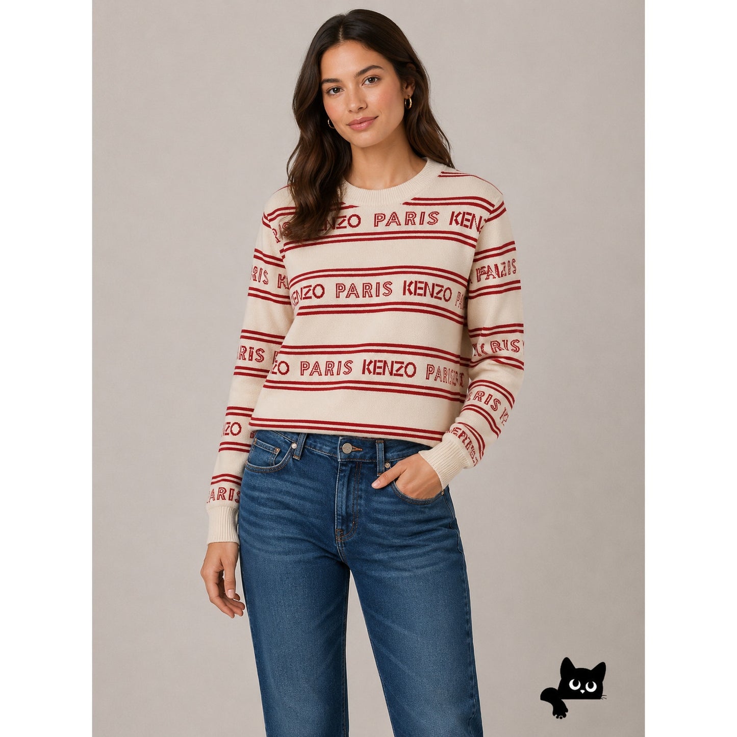 Kenzo Red & Tan Striped Woven Logo Knitted Sweater Long Sleeve Round Neck Small