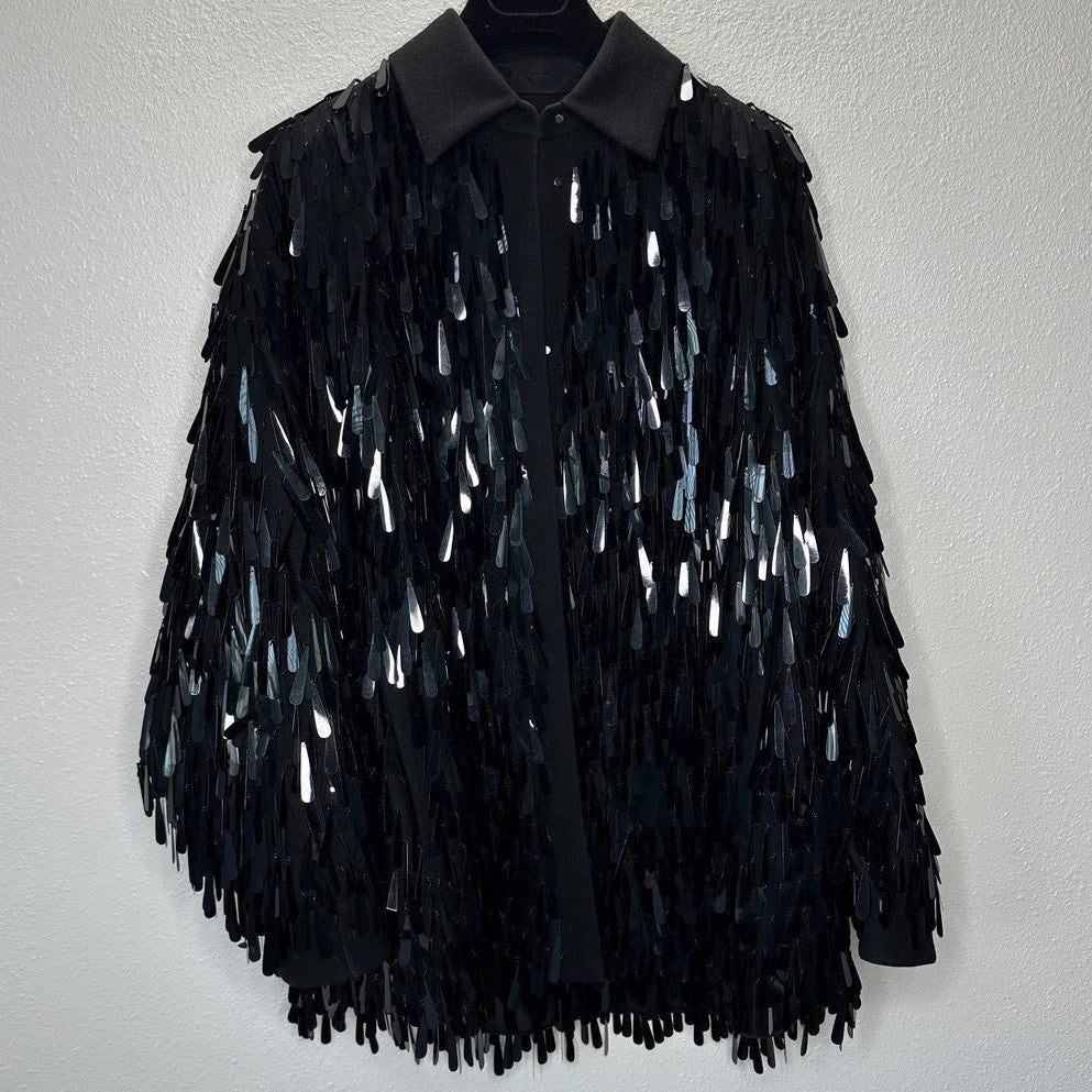 Valentino Garavani Black Sequin Fringe Shirt Jacket Medium