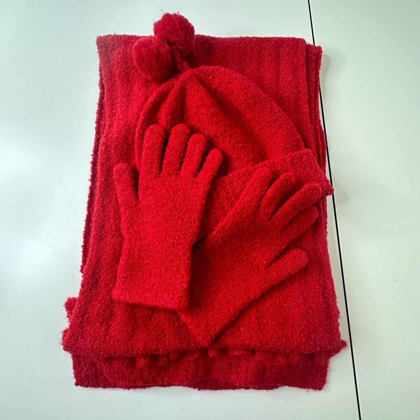 NWOT Moda Intl Cute Red Ribbed Winter Hat Scarf and Gloves Set Pom Poms OS