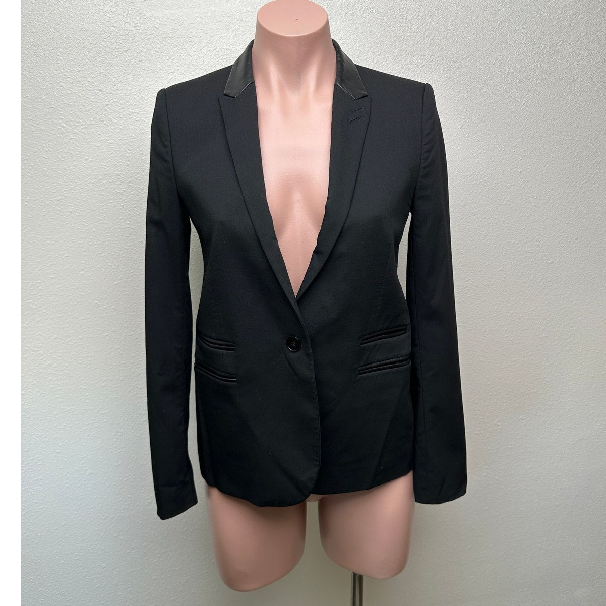 The Kooples Black Faux Leather Trim Blazer Women US 0 (EU 32)