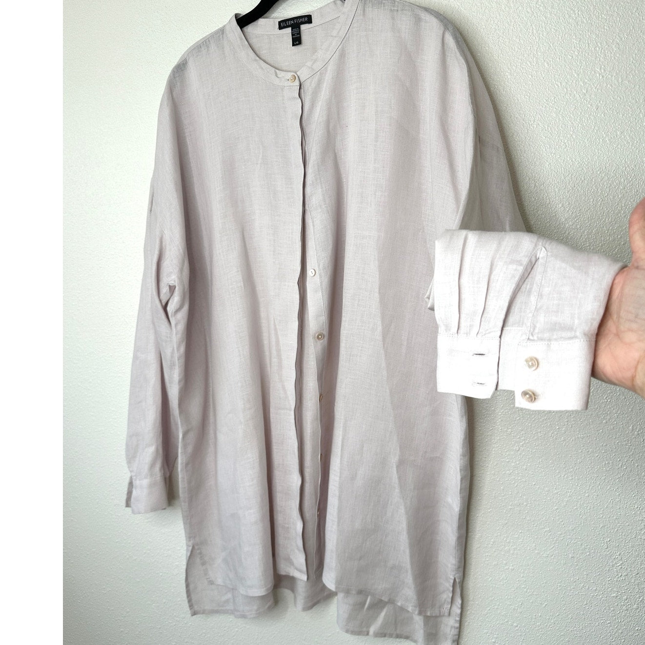 Eileen Fisher Pale Pink Organic Handkerchief Linen Mandarin Collar Shirt L