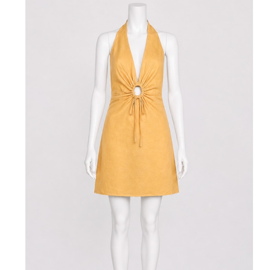 Zara Mustard Yellow Halter V-Neck Sun Dress O-Ring Cutout Front Open Back Small