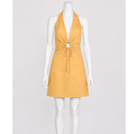 Zara Mustard Yellow Halter V-Neck Sun Dress O-Ring Cutout Front Open Back Small