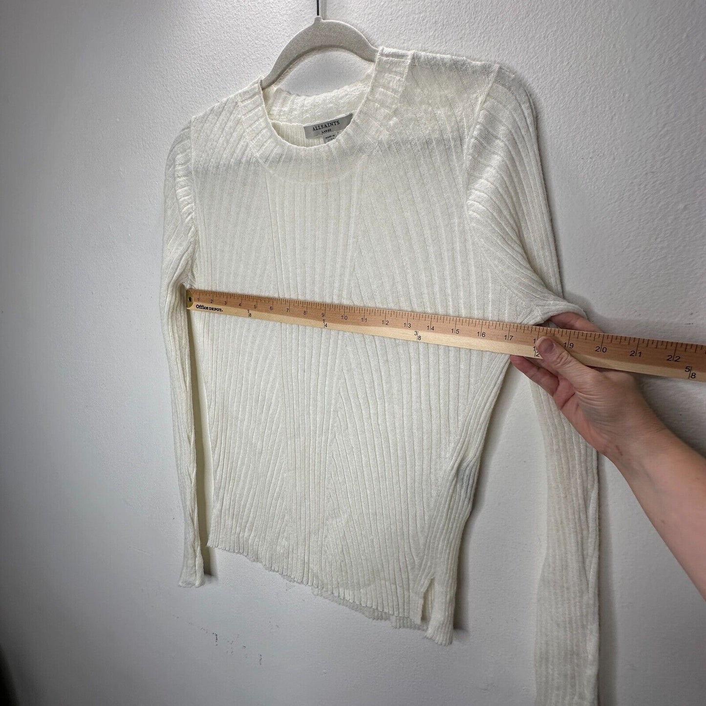 Allsaints Cream Ribbed Design Long Sleeve Round Neck Thin Light Sweater L