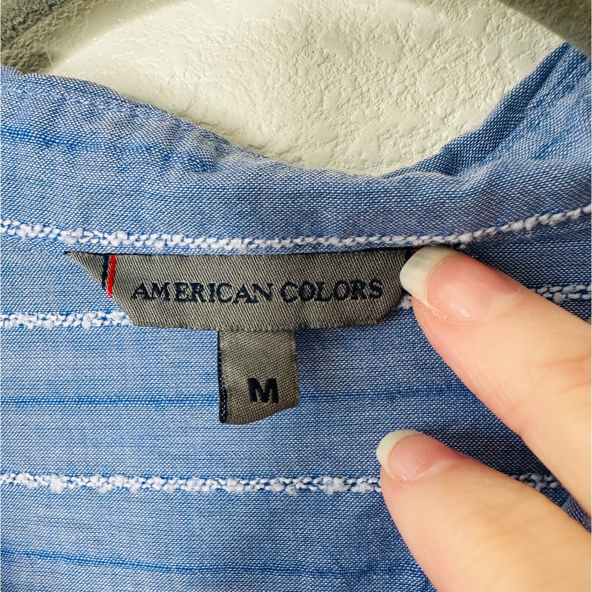 American Colors Denim Blue White Fuzzy Stitch Stripe Button Shirt M