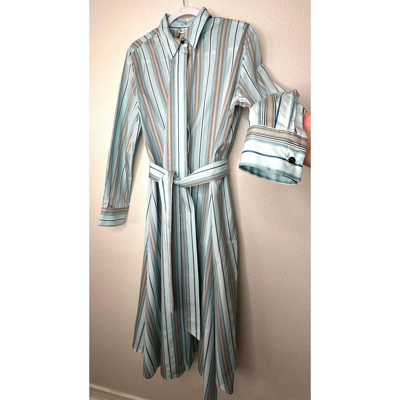 NWT Loro Piana Teal White Brown Stripe Front Button Tie Sash Wrap Dress XL