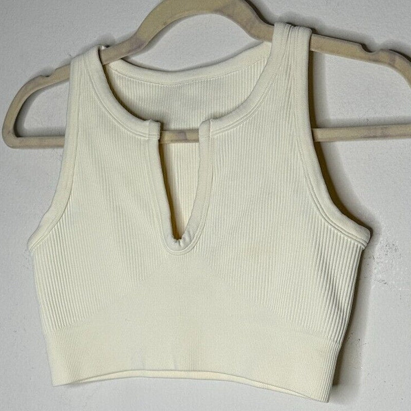 Cream Ribbed Knit Cut Front V-Neck Soft Sports Bra Crop Top No Inserts Medium