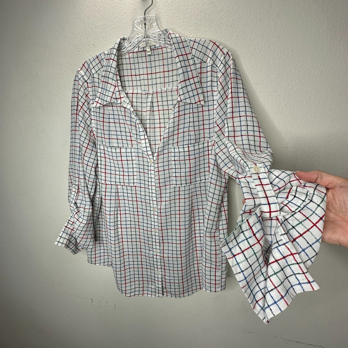 Joie White Red Blue Black & Green Plaid Front Button Pockets Long Sleeve Shirt L