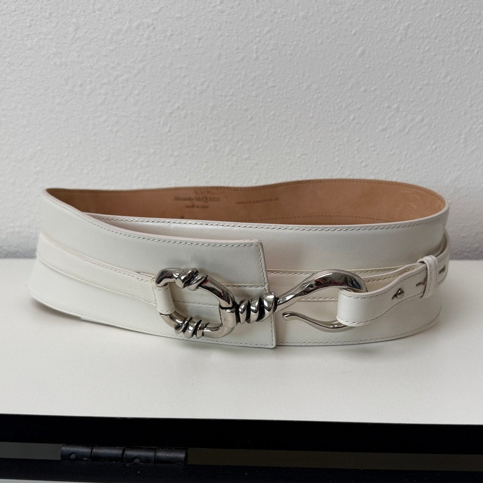 Alexander McQueen Ivory Calf Leather Wide Hook Waist Belt