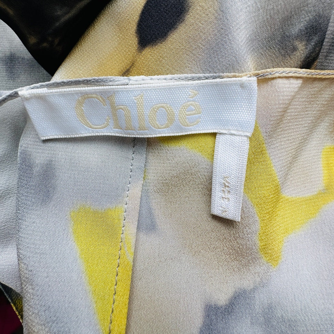 Chloe Silk Slip Maxi Dress Black Gray Yellow MultiColor Tie Dye abstract sz 2