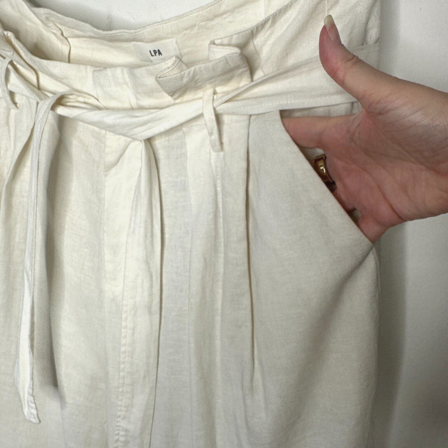 LPA Off White Linen Wide Leg Paperbag High Waist Self Tie Pleated Trousers L