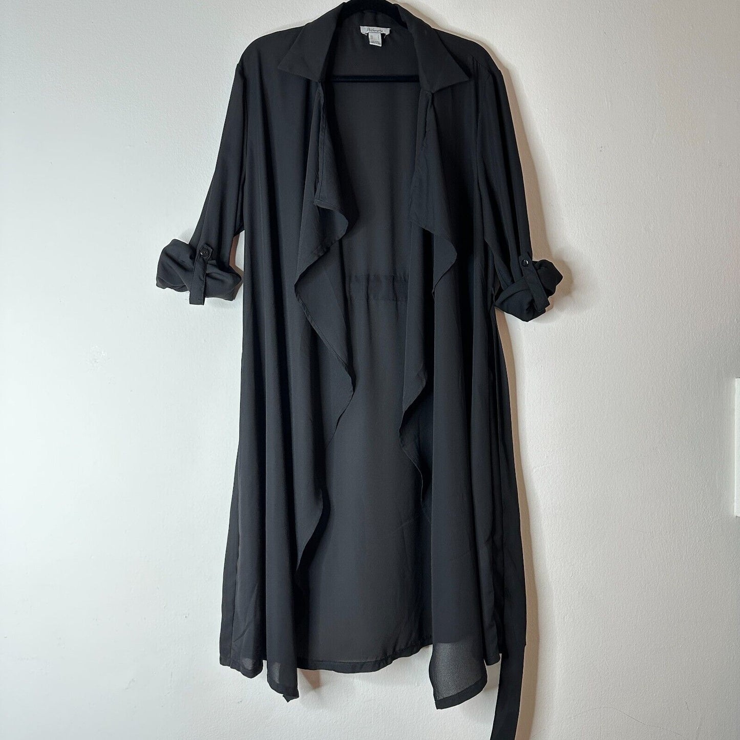 ReVamped Black Flowy Roll Tab Sleeve Tie Waist Waterfall Neck Wrap Dress Small