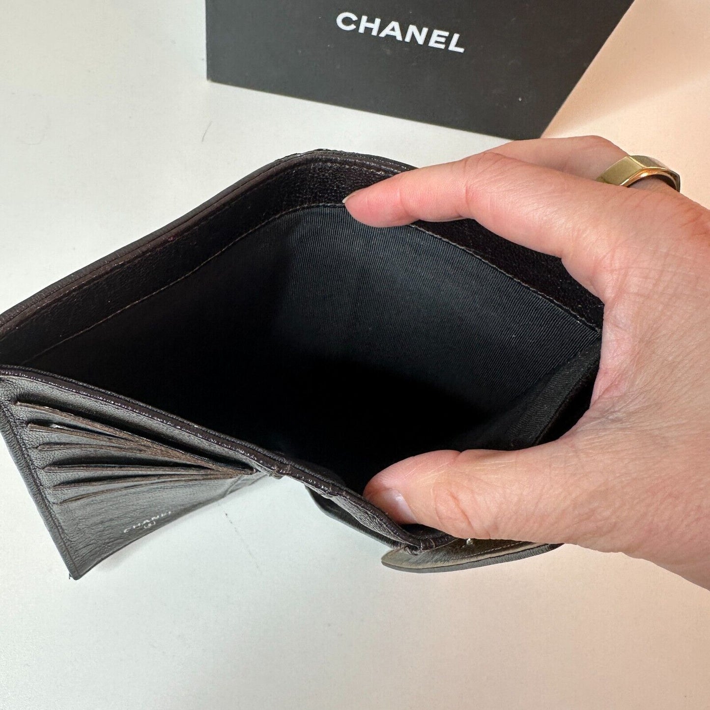 Authentic Chanel Tri-Fold Wallet Gold & Black Interior Trim Leather gold CC Logo