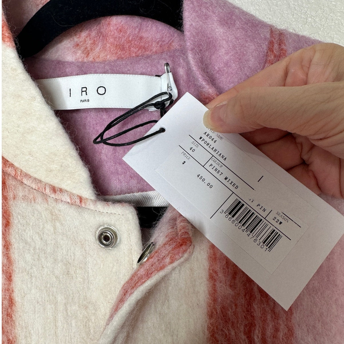 IRO Lahiana Biker Jacket Pink Tartan Plaid Long Sleeve Wool Bomber 40 / M