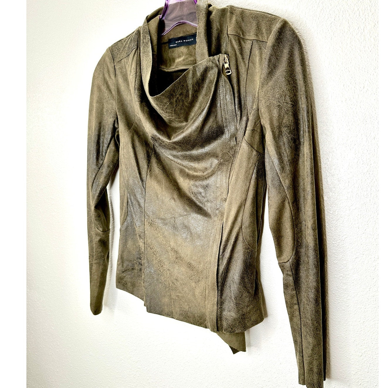 Zara Olive Green & Black Suede Long Sleeve Side Zip Cowel Neck Jacket XS