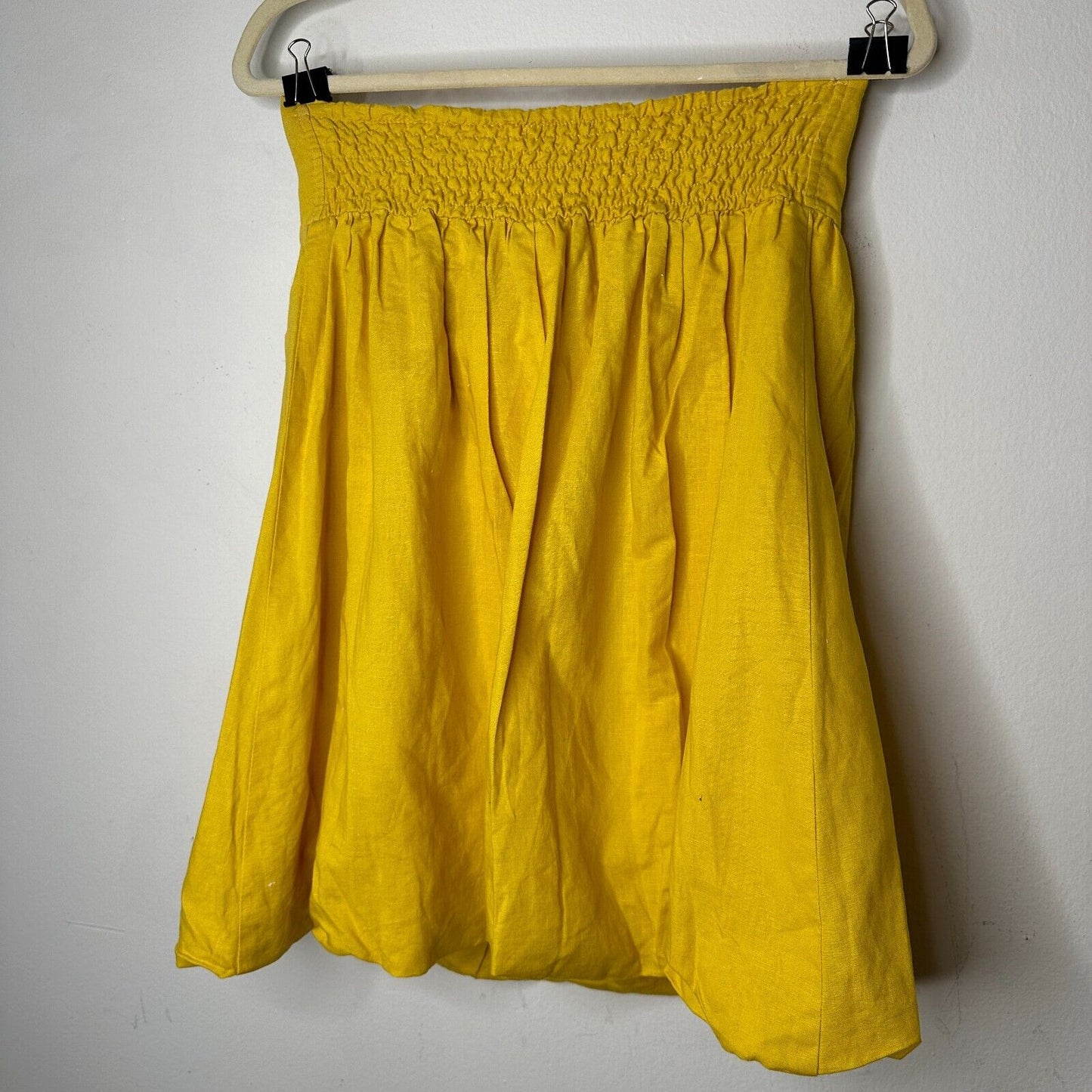 Yellow Linen Sleeveless Blouson Blouse Mini Dress Bead Bow Tie Front S