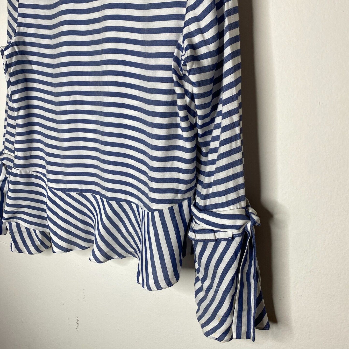 Artelier Blue and White Stripe Collar Button Down Bell Tie Sleeve Blouse XS