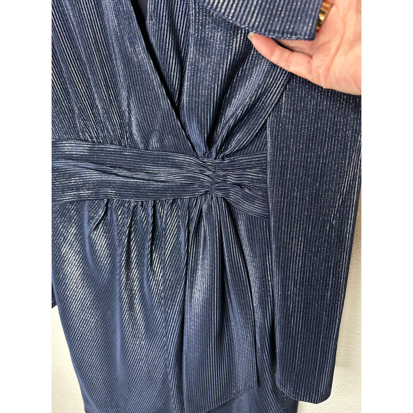 NWT Jonathan Simkhai Navy Metallic Striped Puff Shoulder Tie Waist Dress 2